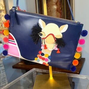 Kate Spade Story Book Navy Llama Clutch with Multicolor Pom-Poms 9.5”x 7” NWOT